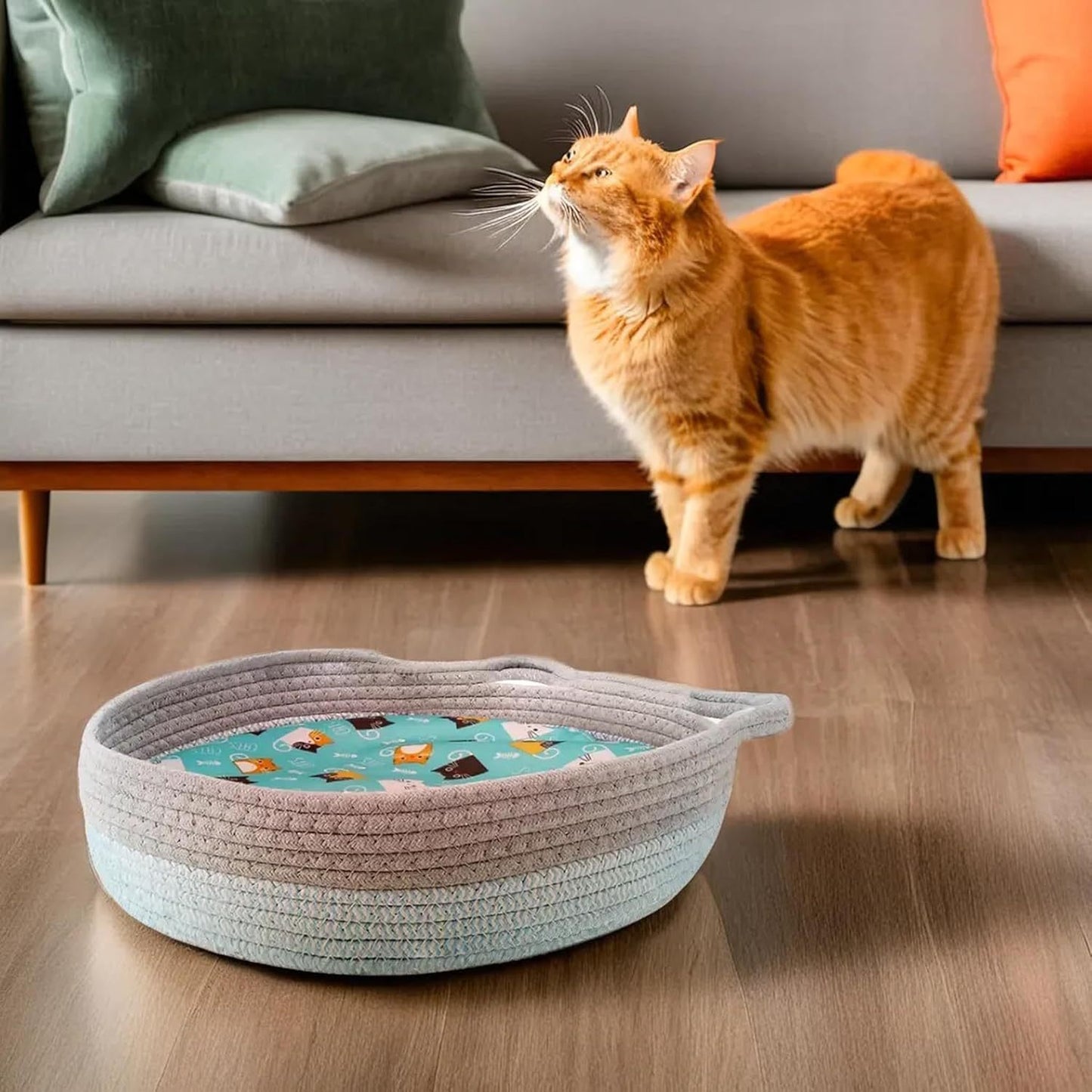 Round Cat Bed For Indoor Cats Cat Basket Bed  Wicker Cat Donut Beds Cooling Cat Nest For Summer Sleeping Washable Pet Pad For Cat Scratching